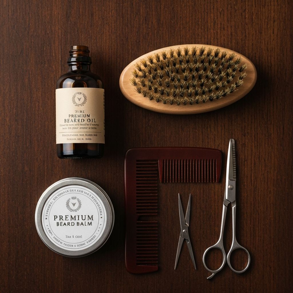 Essential beard grooming products collection including beard oil balm brush comb and scissors
